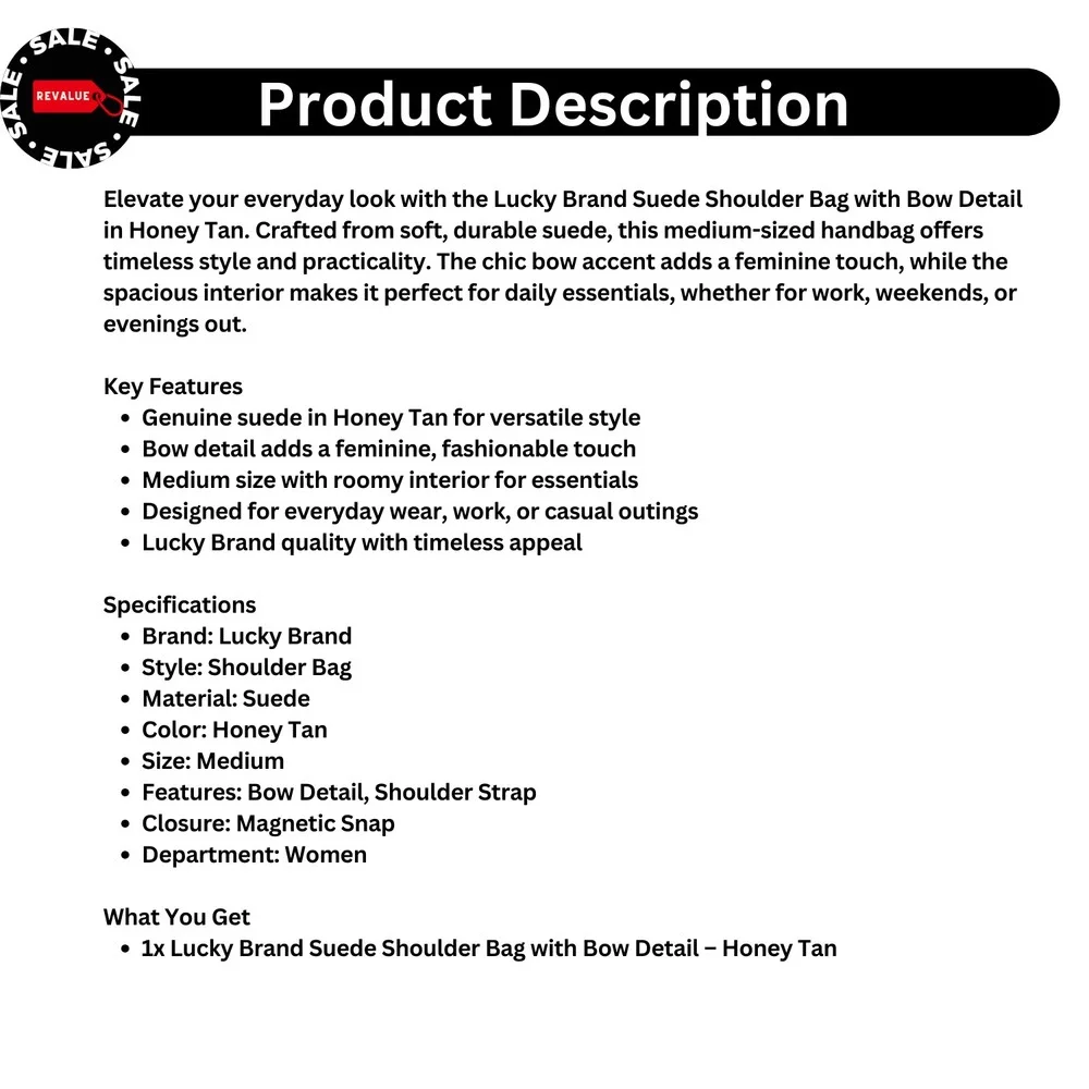 Lucky Brand Suede Bow Shoulder Bag – Honey Tan Medium Women's‎ Handbag - Picture 2 of 5